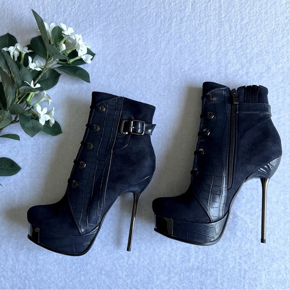 Women’s Sz 9 Navy Blue Platform Super High Heels Ankle Boots - Picture 2 of 10